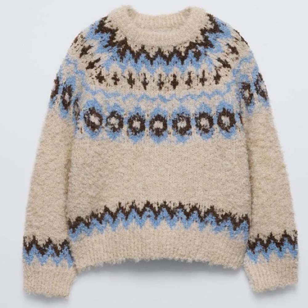 Zara BOUCLÉ KNIT JACQUARD SWEATER